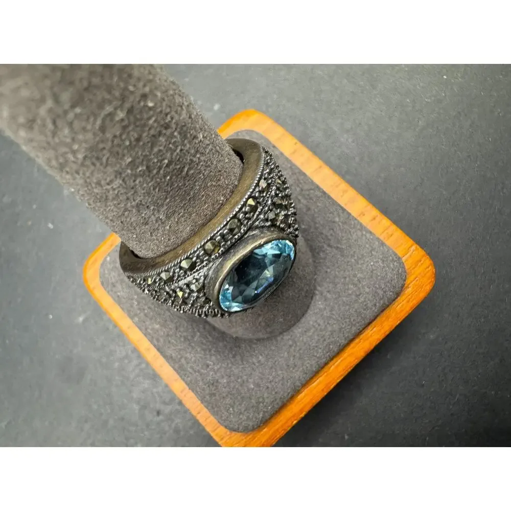 Vtg Thai 925 Sterling Silver Light Blue Sapphire & Marcasite Chunky Ring Sz 10
